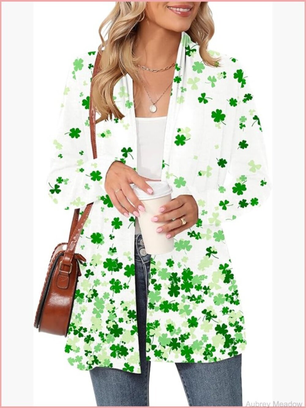 St Patricks Day Long Sleeve Cardigan Shamrock Print Lightweight Coat